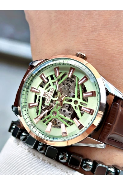 Reward Kahve Renk Deri Kordon İskelet Model Otomatik Erkek Kol Saati + BİLEKLİK - Resim 2