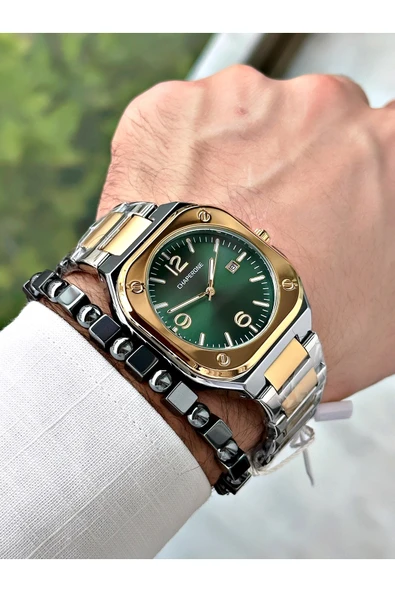 Chaperone Altın Gümüş Renk Sade Klasik Kare Model Çelik Kordon Erkek Kol Saati + BİLEKLİK HEDİYELİ By REWARD - Resim 2