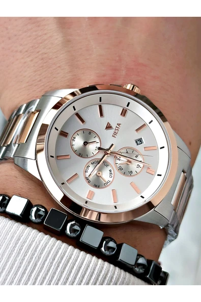 Fiesta Rose Gümüş Renk Fonksiyonlar Aktif Elite Çelik Erkek Kol Saati + BİLEKLİK ürün görseli 1