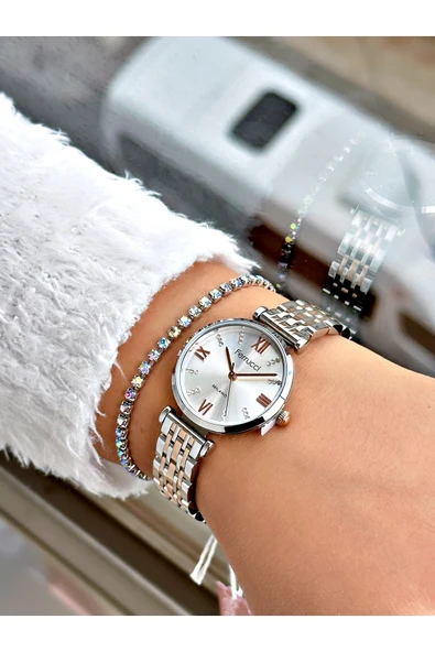 Ferrucci Rose Gold Gümüş Renk Roma Rakamlı Sade Model Çelik Kordon Kadın Kol Saati + BİLEKLİK - Resim 2