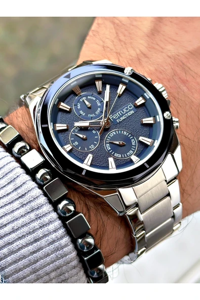 Ferrucci Gümüş Renk Fonksiyonlu Çelik Kordon Spor Erkek Kol Saati + BİLEKLİK - Resim 3