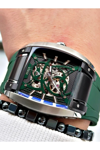 Fiesta Yeşil Renk Spor Silikon Kare Çelik Kasa Otomatik Business Erkek Kol Saati + BİLEKLİK - Resim 3