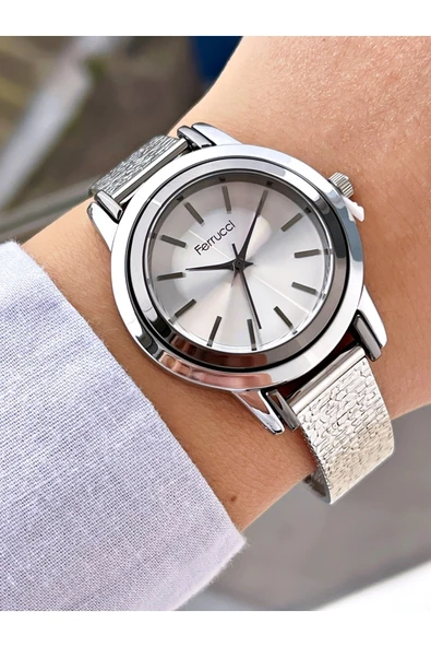 Ferrucci Gümüş Silver Renk Sade Klasik Model Kadın Kol Saati - Resim 4