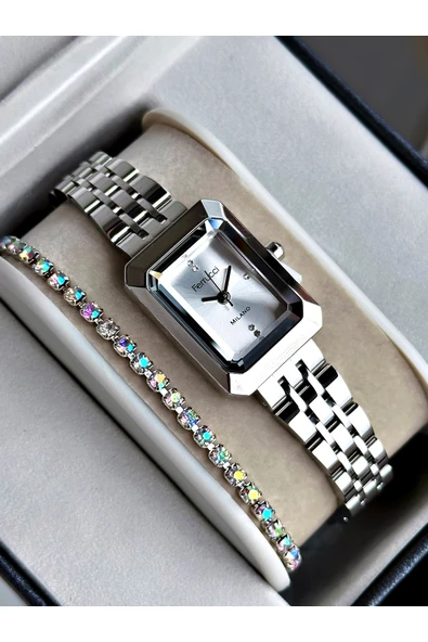 Ferrucci Gümüş Silver Renk Minimal Kasa Çelik Kordon Kadın Kol Saati + BİLEKLİK ürün görseli 1