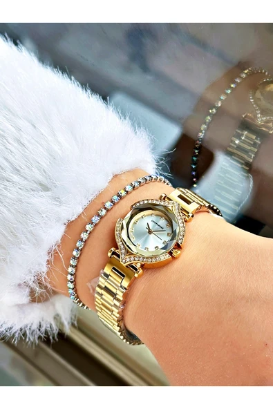 Chaperone Altın Renk Taşlı Model Minimal Aynalı Kadın Kol Saati + BİLEKLİK - Resim 2