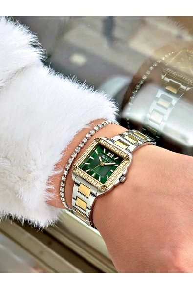 Ferrucci Gümüş Gold Renk Kare Model Taşlı Çelik Kordon Kadın Kol Saati + BİLEKLİK HEDİYELİ - Resim 2