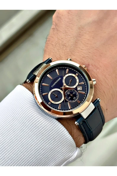 Chaperone Lacivert Renk Deri Kordon Fonksiyonlar Aktif Erkek Kol Saati + BİLEKLİK HEDİYELİ By Reward - Resim 2