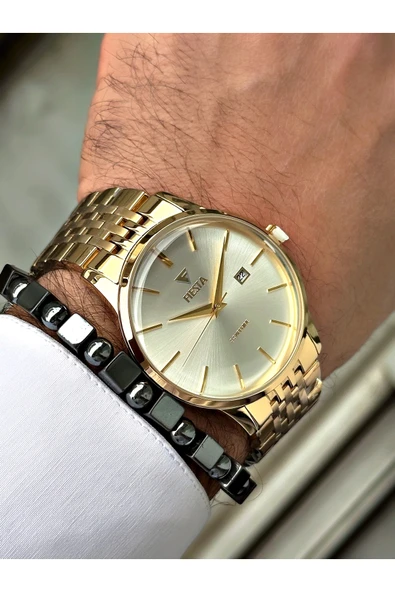 Fiesta Altın Renk Bombeli Safir Cam Lüx Çelik Erkek Kol Saati + BİLEKLİK HEDİYELİ - Resim 4