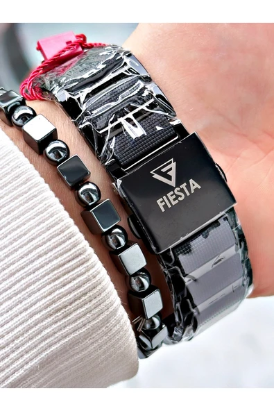 Fiesta Siyah Renk Silikon Metal Çelik Kasa Kordon Erkek Kol Saati + BİLEKLİK - Resim 4