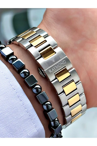 Raymond Altın Gümüş Renk SK Mekanizma Çelik Business Erkek Kol Saati + BİLEKLİK - Resim 5