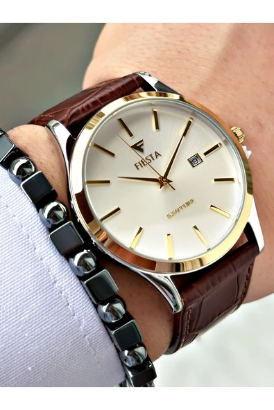 Fiesta Kahve Renk Klasik Sade Model Çelik Kasa Erkek Kol Saati + BİLEKLİK - Resim 3
