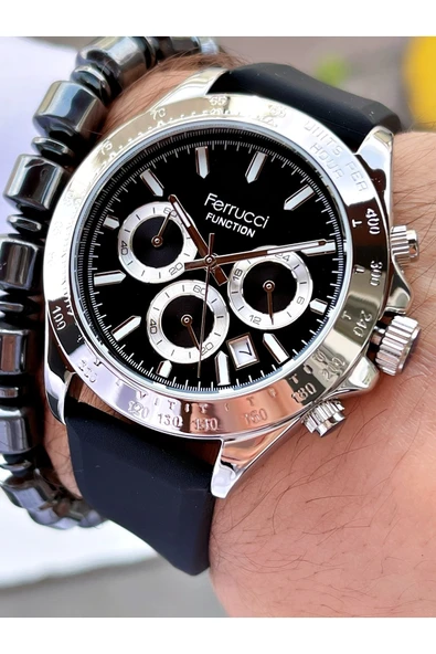 Ferrucci Siyah Renk Silikon Kordon Fonksiyonlu 2 Yıl Garantili Erkek Kol Saati + Bileklik - Resim 2