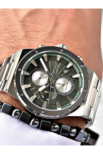 Ferrucci Gümüş Renk Fonksiyonlar Aktif Spor Çelik Kordon  Erkek Kol Saati + BİLEKLİK ürün görseli 1