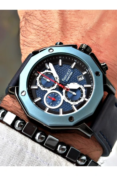 Ferrucci Lacivert Deri Kordon Fonksiyonlu Şık Dizayn Erkek Kol Saati + BİLEKLİK HEDİYELİ ürün görseli 1
