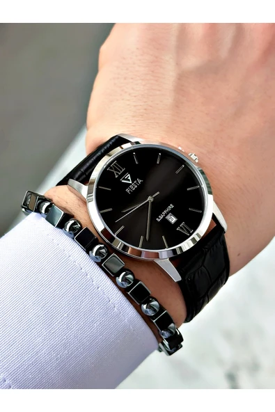 Fiesta Siyah Renk Roma Rakamlı Çelik Kasa Business Erkek Kol Saati + BİLEKLİK - Resim 2