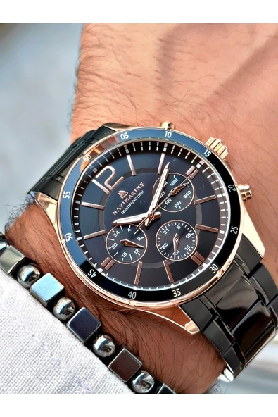 Navimarine Siyah Renk Çelik Kordon Fonksiyonlu Erkek Kol Saati + BİLEKLİK - Resim 4