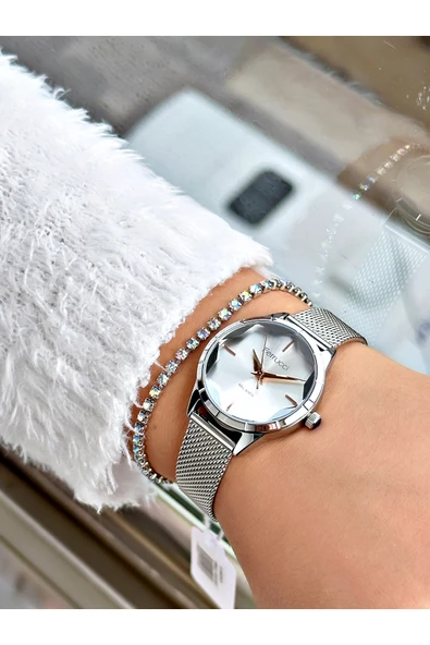 Ferrucci Gümüş Renk Kesme Cam Model Hasır Kordon  Kadın Kol Saati + BİLEKLİK - Resim 2
