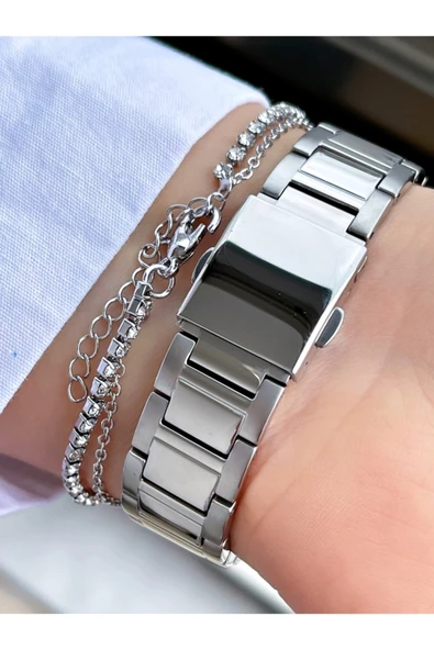 Ferrucci Gümüş Renk Mavi Kadran Sade Şık Model Kadın Kol Saati + Bileklik Hediyeli - Resim 2