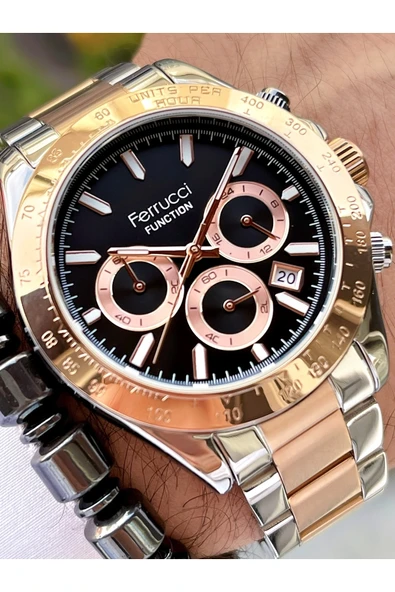 Ferrucci Rose Gold Gümüş Siyah Kadran Fonksiyonlar Aktif Erkek Kol Saati + Bileklik Hediyeli ürün görseli 1
