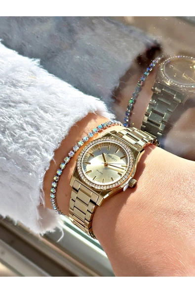 Ferrucci Altın Renk Taşlı Model Şık Dizayn  Kadın Kol Saati + BİLEKLİK - Resim 2