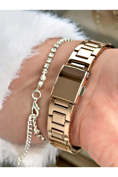 Ferrucci Rose Gold Renk Kare Model Taşlı Çelik Kordon Kadın Kol Saati + BİLEKLİK HEDİYELİ - Resim 4