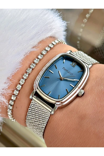 Ferrucci Gümüş Renk Hasır Çelik Kordon Şık Dizayn Kadın Kol Saati + BİLEKLİK HEDİYELİ - Resim 2