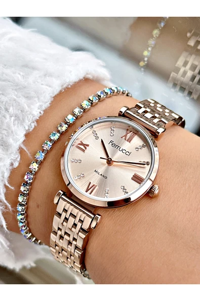 Ferrucci Rose Gold Renk Roma Rakamlı Sade Model Çelik Kordon Kadın Kol Saati + BİLEKLİK ürün görseli 1