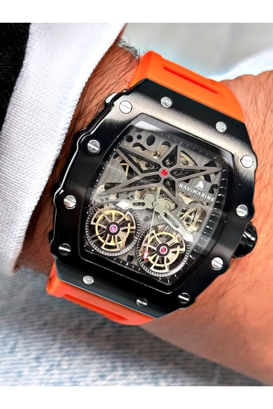 Navimarine Turuncu Renk Kare Spor Silikon Otomatik Business Erkek Kol Saati + BİLEKLİK HEDİYELİ - Resim 6