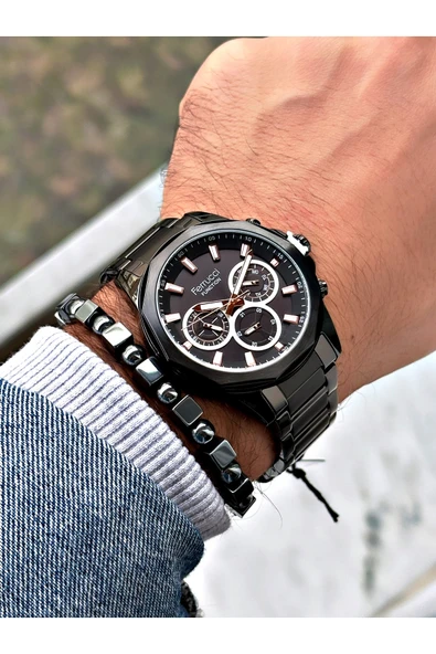Ferrucci Siyah Renk Çelik Kordon  Erkek Kol Saati GARANTİLİ + BİLEKLİK - Resim 2