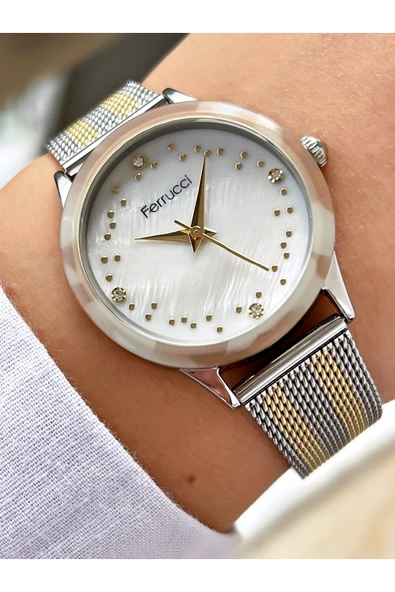 Ferrucci Silver Gold Hasır Metal Kadın Kol Saati - Resim 3