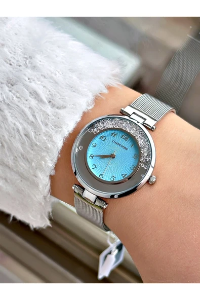 Chaperone Gümüş Renk Mavi Kadran Taşlı Rakamlı Hasır Kadın Kol Saati + Bileklik Hediyeli - Resim 2