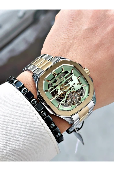 Reward Altın Gümüş Renk Otomatik İskelet Kare Model Mekanizma Erkek Kol Saati + BİLEKLİK - Resim 2