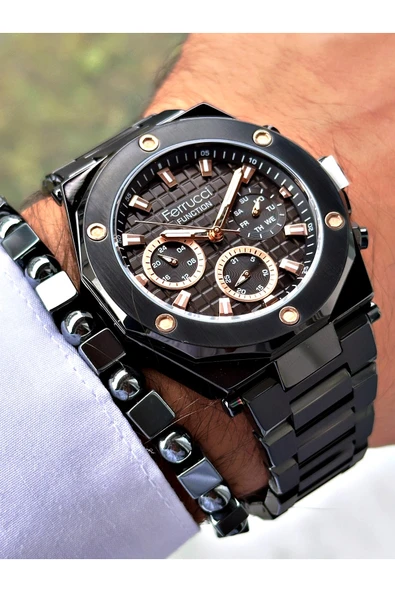Ferrucci Siyah Renk Çelik Kordon Spor Model  Erkek Kol Saati + BİLEKLİK - Resim 3