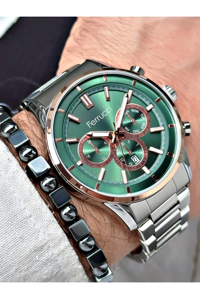Ferrucci Gümüş Renk Çelik Kordon  Erkek Kol Saati + BİLEKLİK HEDİYELİ ürün görseli 1