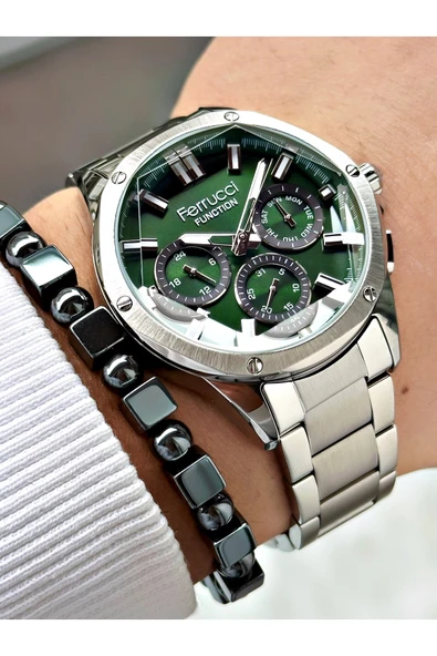 Ferrucci Siyah Renk Rose Gold Kasa Deri Kayışlı Erkek Kol Saati + Hematit Doğaltaş Bileklik Hediyeli ürün görseli 1