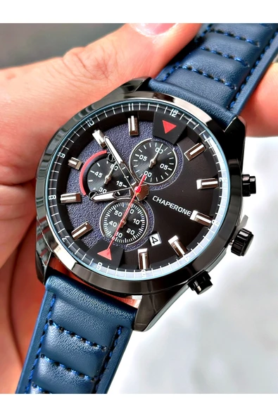 Chaperone Lacivert Deri Kordon Fonskiyonlu Spor Erkek Kol Saati + BİLEKLİK HEDİYELİ By Reward - Resim 4