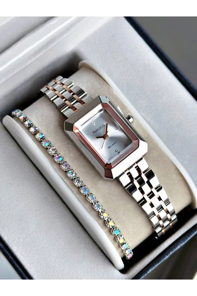 Ferrucci Rose Gold Gümüş Renk Minimal Kasa Çelik Kordon Kadın Kol Saati + BİLEKLİK ürün görseli 1