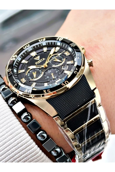 Fiesta Siyah Renk Silikon Metal Çelik Kasa Kordon Erkek Kol Saati + BİLEKLİK - Resim 4