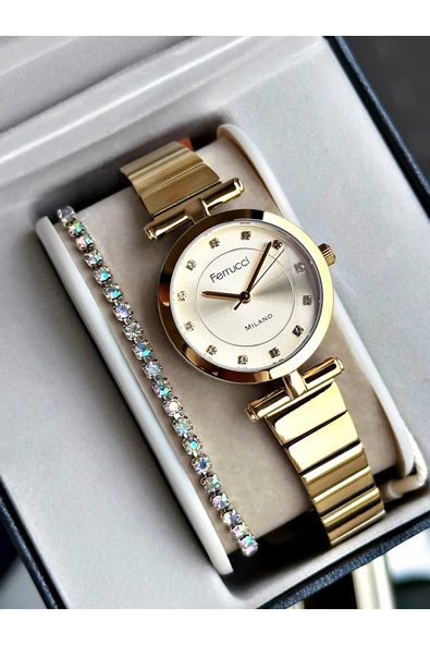 Ferrucci Altın Renk Sade Model Klasik Çelik Kordon Kadın Kol Saati + BİLEKLİK ürün görseli 1