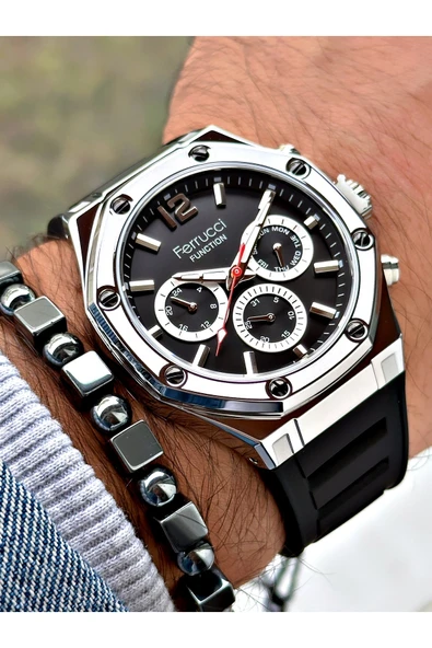 Ferrucci Siyah Renk Silikon Spor  Erkek Kol Saati + BİLEKLİK HEDİYELİ - Resim 3