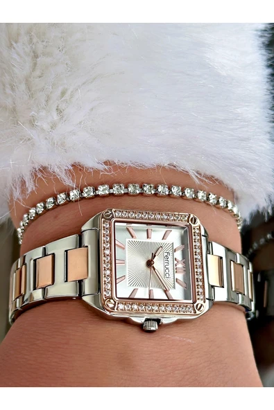 Ferrucci Gümüş Rose Renk Kare Model Taşlı Çelik Kordon Kadın Kol Saati + BİLEKLİK HEDİYELİ - Resim 3