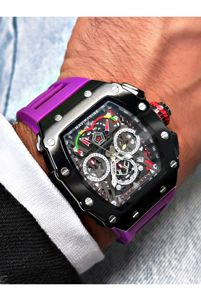 Navimarine Mor Renk Fonksiyonlu Spor Silikon Kare Erkek Kol Saati + BİLEKLİK HEDİYELİ - Resim 3