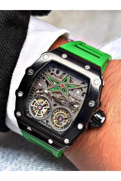 Navimarine Yeşil Renk Kare Spor Silikon Otomatik Business Erkek Kol Saati + BİLEKLİK HEDİYELİ - Resim 3