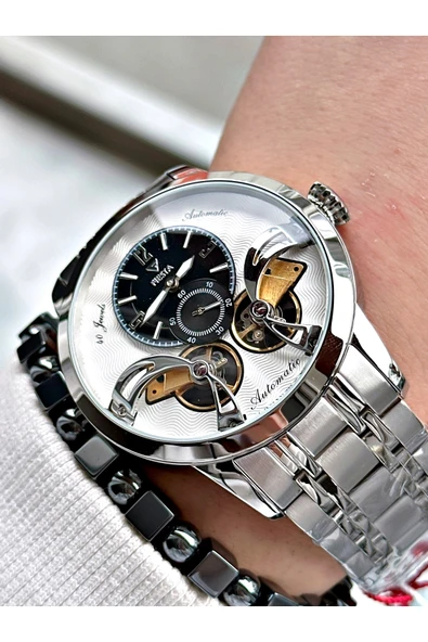 Fiesta Gümüş Renk Çift Türbünlü Otomatik Business Erkek Kol Saati + BİLEKLİK - Resim 3