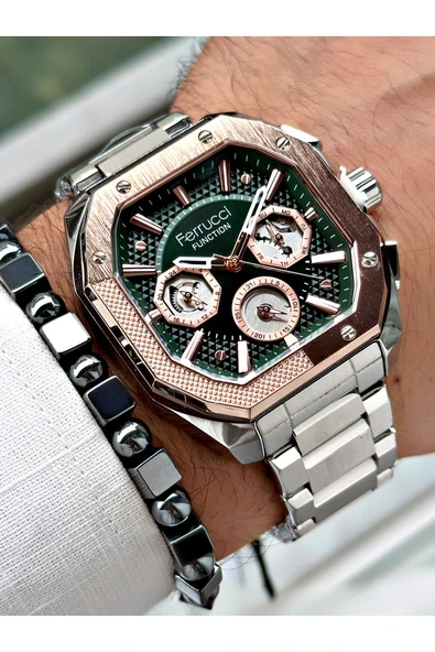 Ferrucci Gümüş Renk Kare Fonksiyonlu  Çelik Kordon Erkek Kol Saati + BİLEKLİK HEDİYELİ - Resim 3