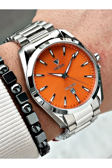 Fiesta Gümüş Silver Renk Çelik Kasa Kordon Erkek Kol Saati + BİLEKLİK - Resim 3