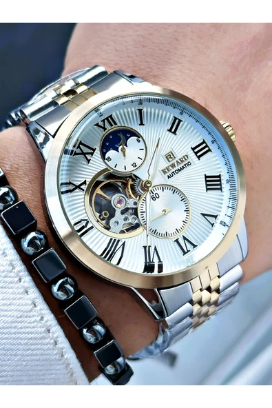 Reward Altın Gümüş Renk Otomatik Mekanizma Roma Rakamlı Erkek Kol Saati + BİLEKLİK ürün görseli 1