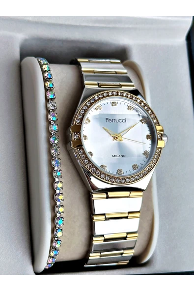 Ferrucci Altın Gümüş Renk Aynalı Model Taşlı Model Kadın Kol Saati + BİLEKLİK - Resim 2
