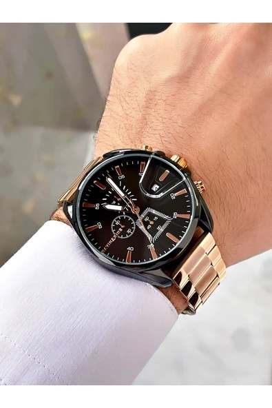 Navimarine Bakır Renk Fonksiyonlu Çelik Kordon Erkek Kol Saati Bileklik Hediyeli - Resim 2