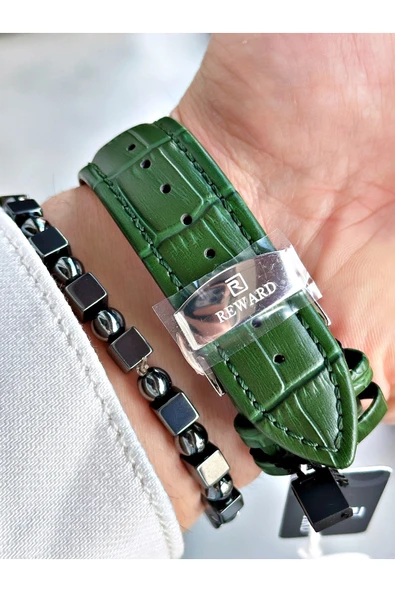 Reward Yeşil Renk Deri Kordon İskelet Model Otomatik Erkek Kol Saati + BİLEKLİK - Resim 5